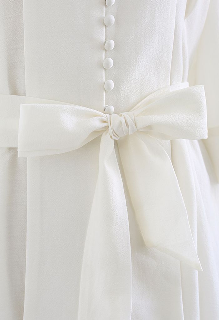 Elbow Sleeve Bowknot Waist Shirt in White