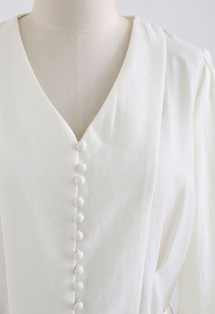 Elbow Sleeve Bowknot Waist Shirt in White