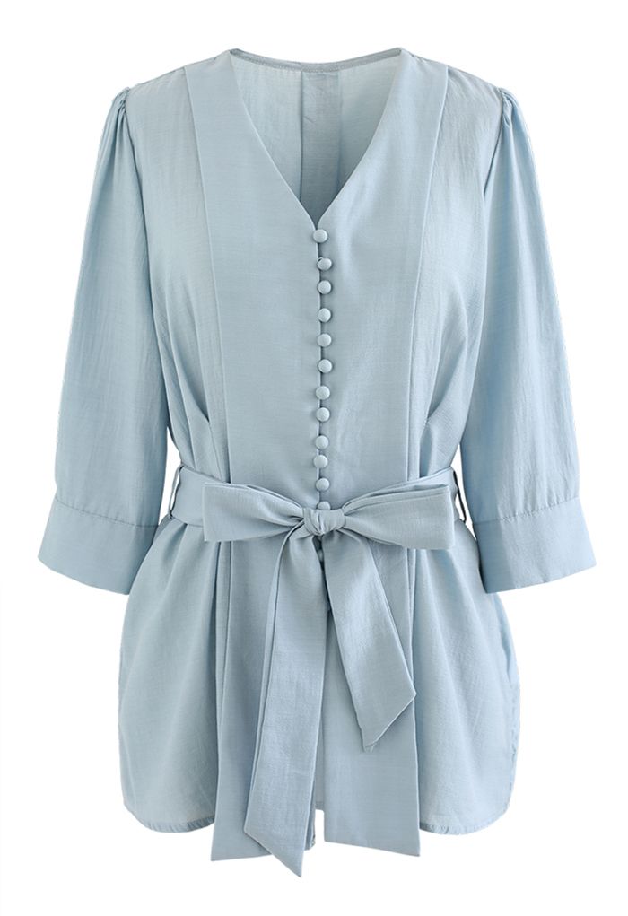 Elbow Sleeve Bowknot Waist Shirt in Blue