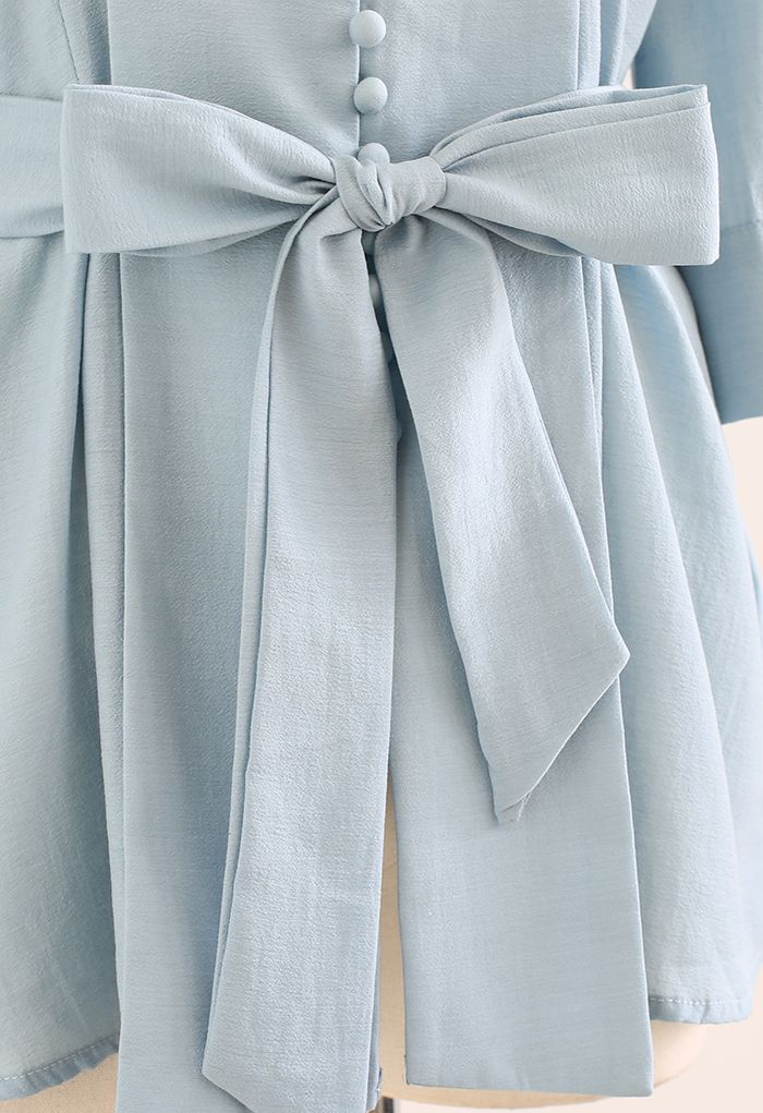 Elbow Sleeve Bowknot Waist Shirt in Blue