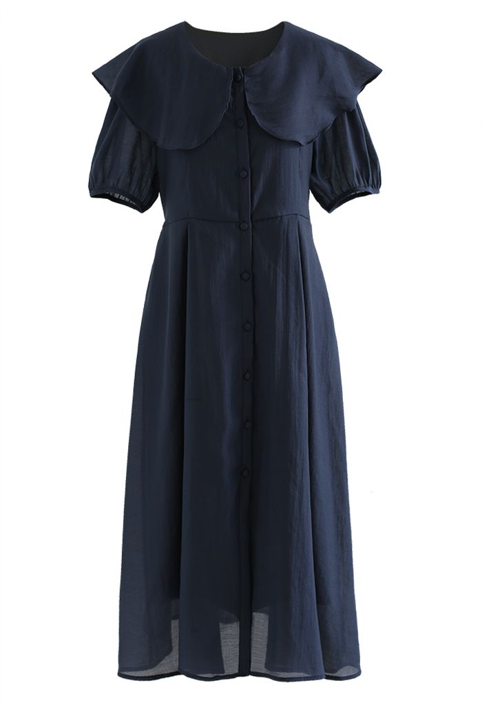 Breezy Ruffle Collar Buttoned Dress in Navy