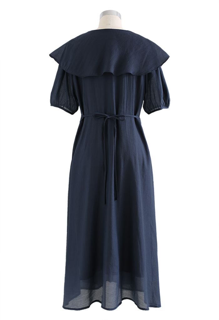 Breezy Ruffle Collar Buttoned Dress in Navy