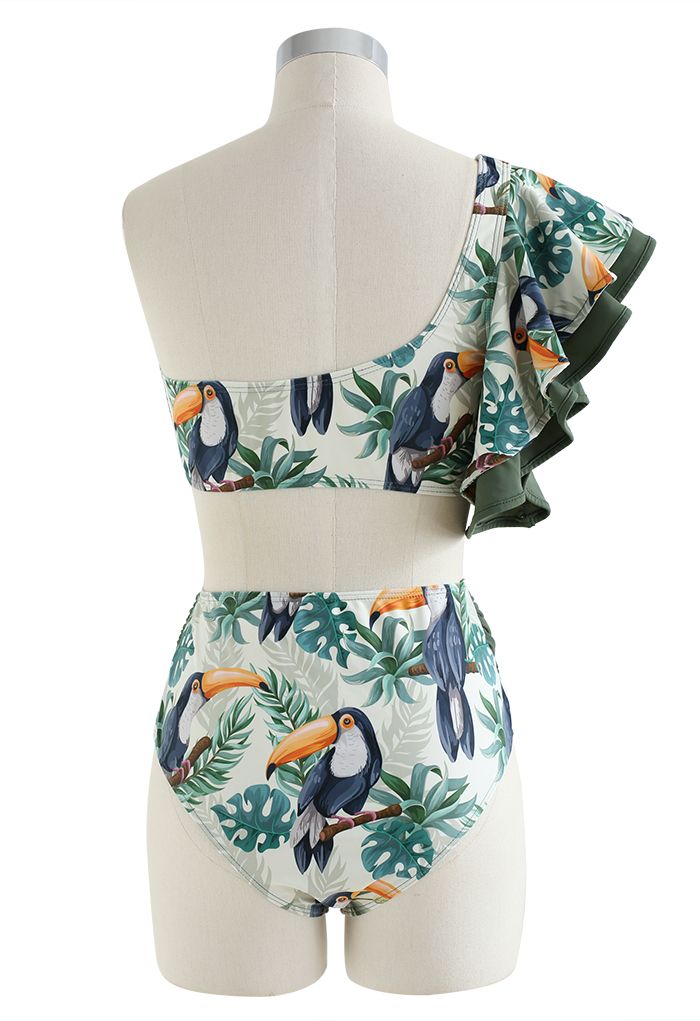 Bird Pattern Tiered Ruffle Sleeves Bikini Set