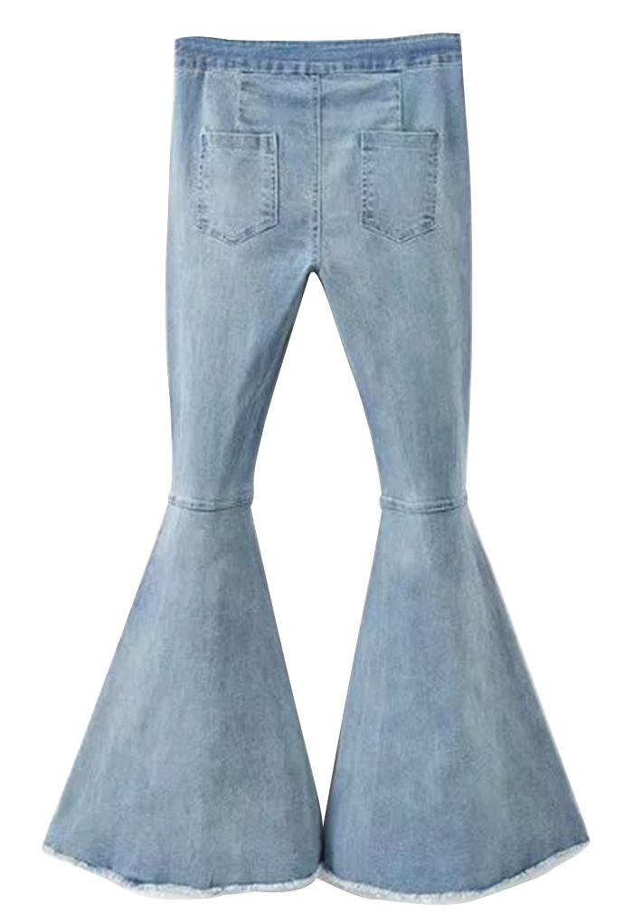 Stretchy Raw Hem Flare Jeans in Light Blue