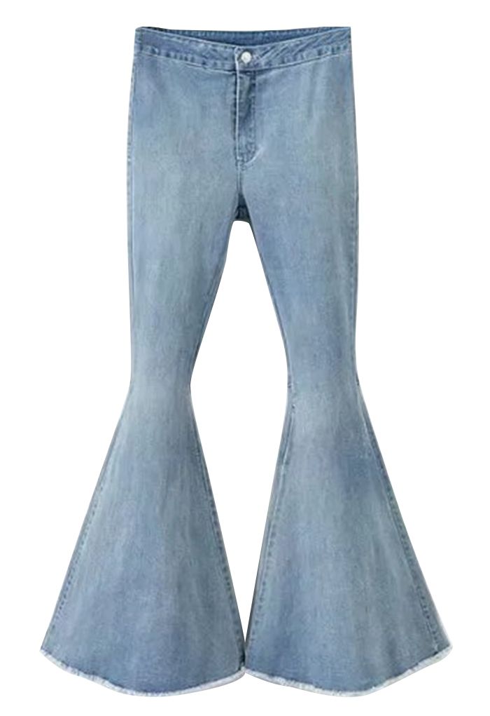 Stretchy Raw Hem Flare Jeans in Light Blue