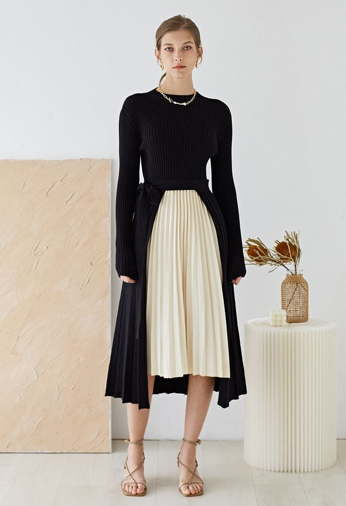 Front Pleats Splicing Belted Hi-Lo Knit Dress in Black