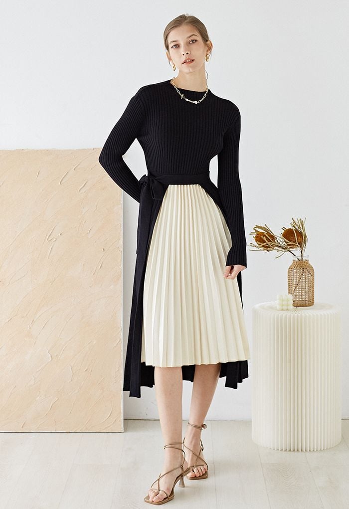 Front Pleats Splicing Belted Hi-Lo Knit Dress in Black