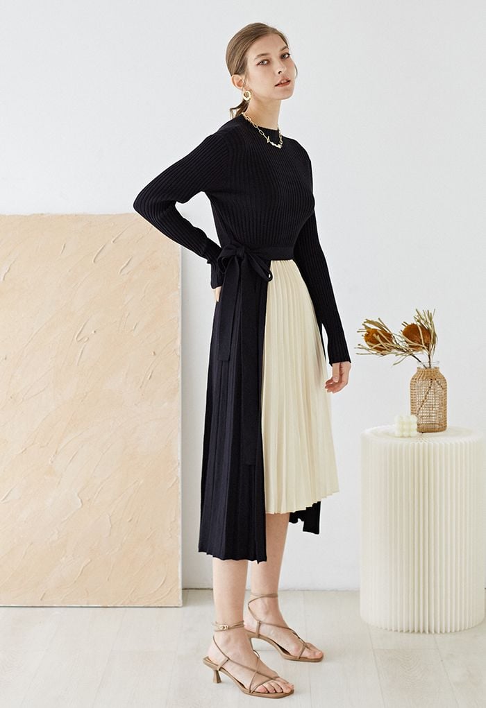 Front Pleats Splicing Belted Hi-Lo Knit Dress in Black