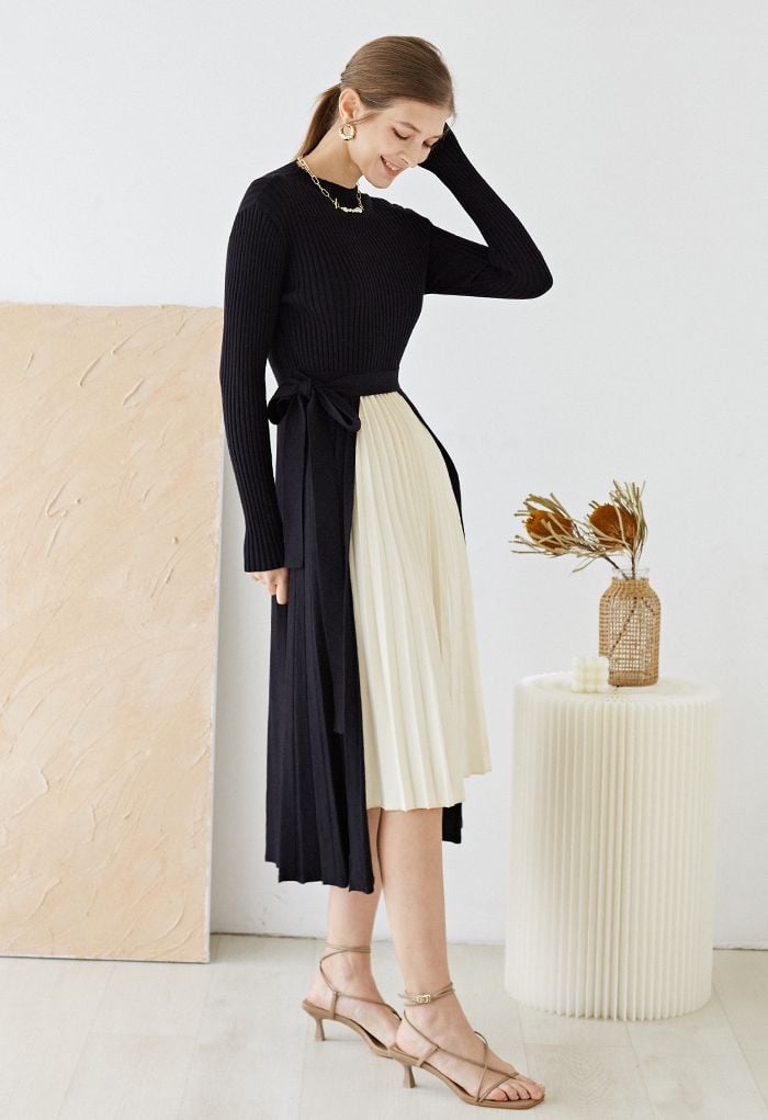 Front Pleats Splicing Belted Hi-Lo Knit Dress in Black