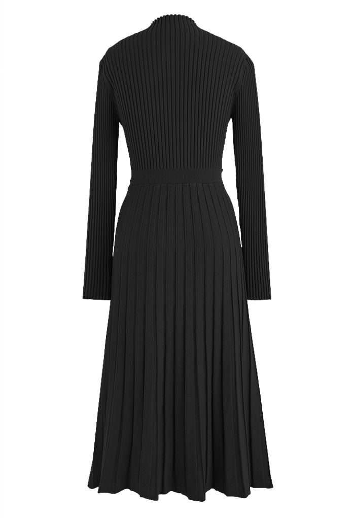 Front Pleats Splicing Belted Hi-Lo Knit Dress in Black