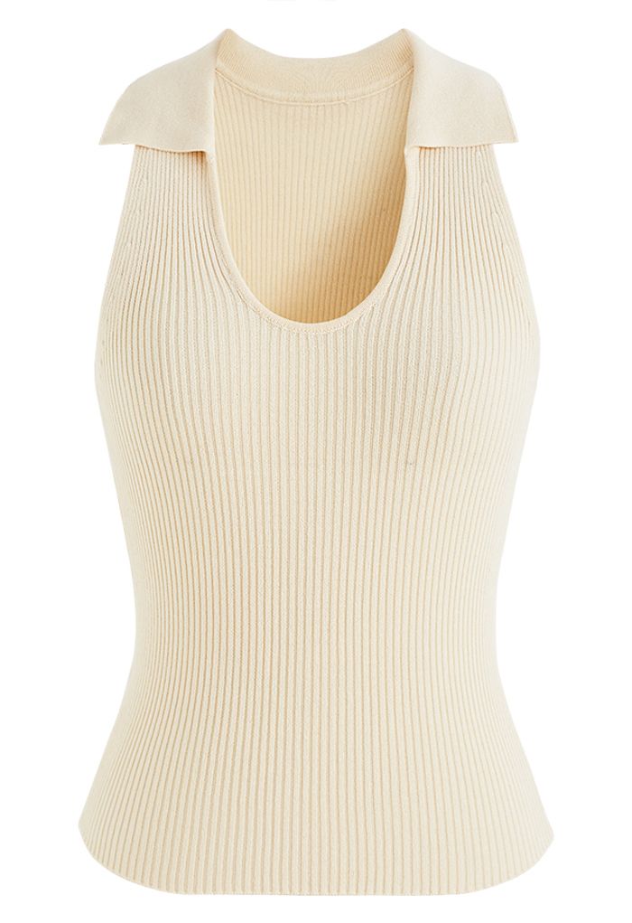 Turn-Down Collar Knit Tank Top in Cream