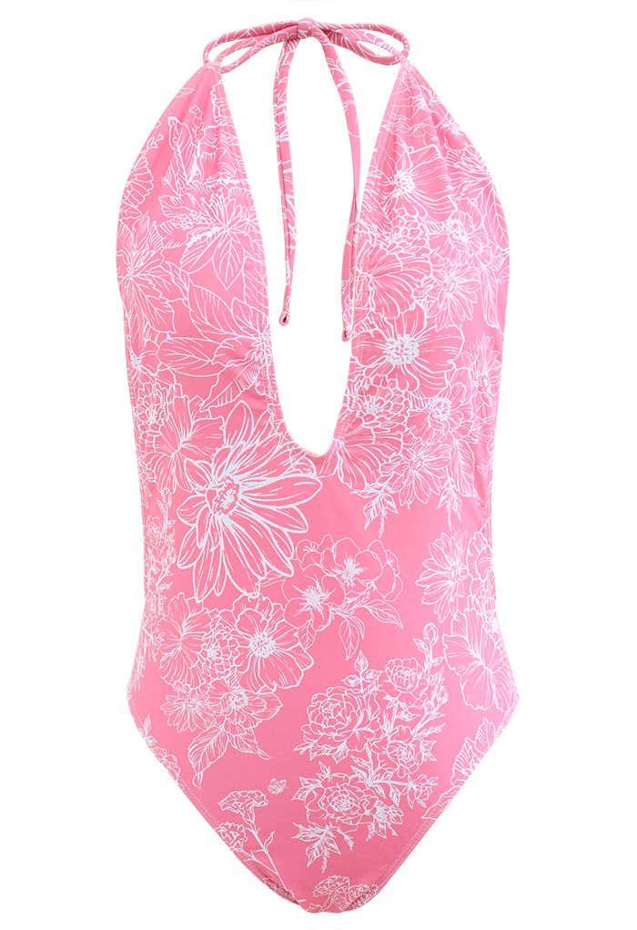 Floral Sketch Open Back Swimsuit in Pink