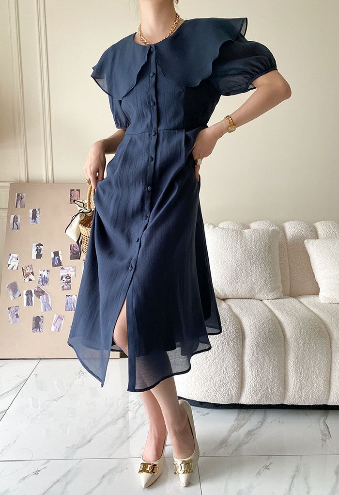 Breezy Ruffle Collar Buttoned Dress in Navy