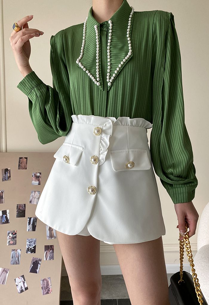 Pearly Collar Satin Buttoned Shirt