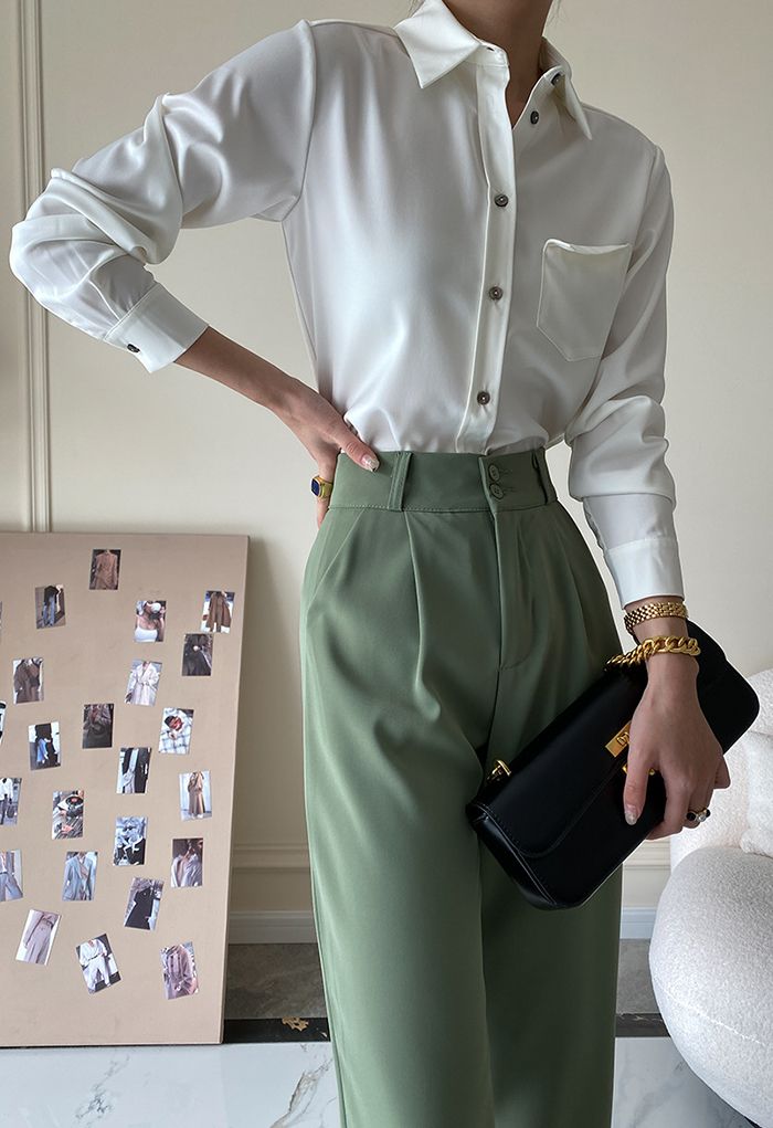 Front Pocket Satin Button Down Shirt in White