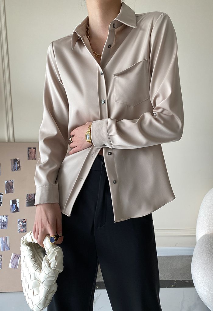 Front Pocket Satin Button Down Shirt in Champagne