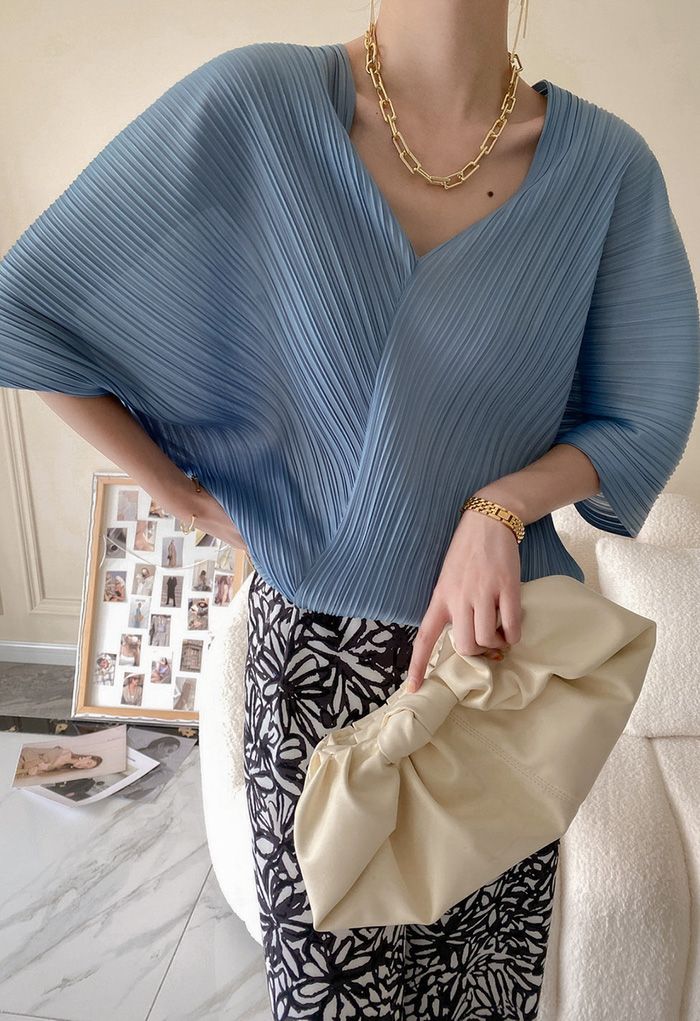 V-Neck Pleated Chiffon Top in Blue