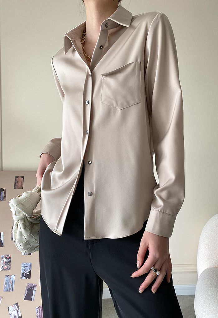 Front Pocket Satin Button Down Shirt in Champagne