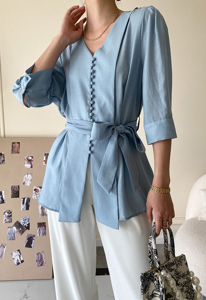 Elbow Sleeve Bowknot Waist Shirt in Blue