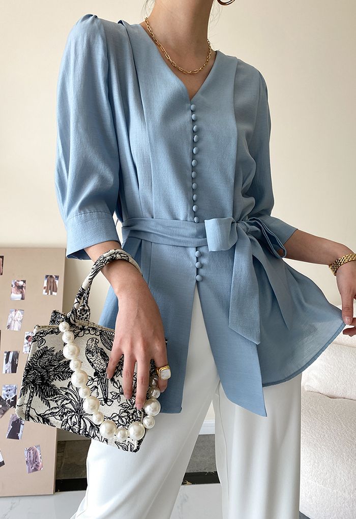 Elbow Sleeve Bowknot Waist Shirt in Blue