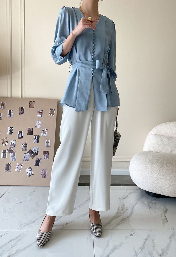 Elbow Sleeve Bowknot Waist Shirt in Blue