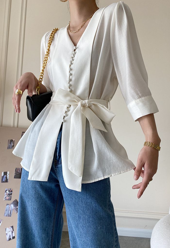 Elbow Sleeve Bowknot Waist Shirt in White - Retro, Indie and Unique Fashion