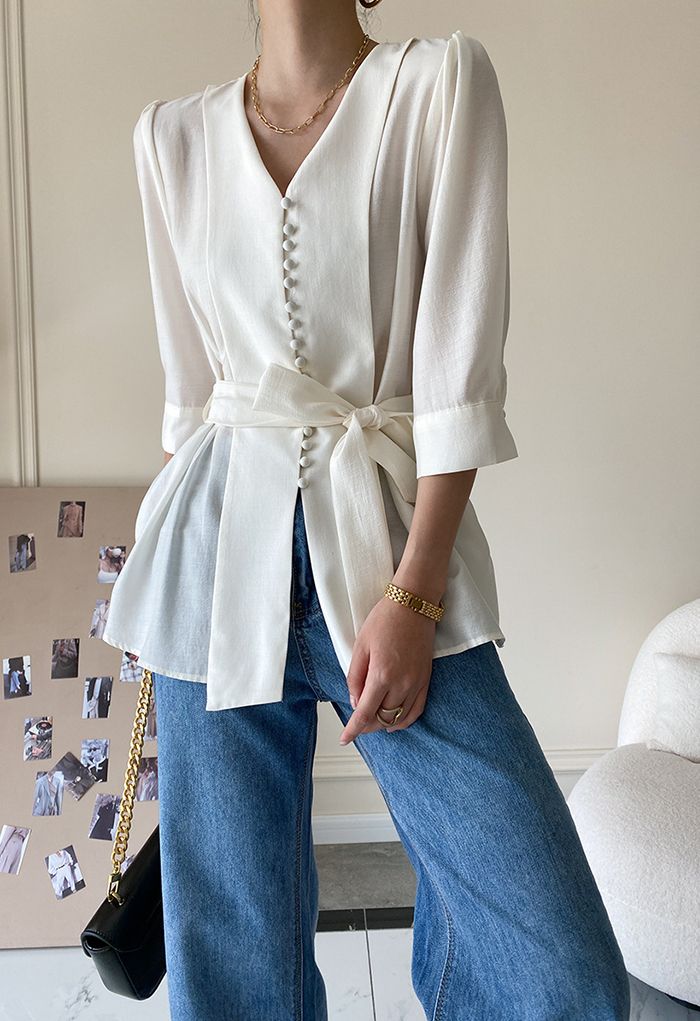 Elbow Sleeve Bowknot Waist Shirt in White