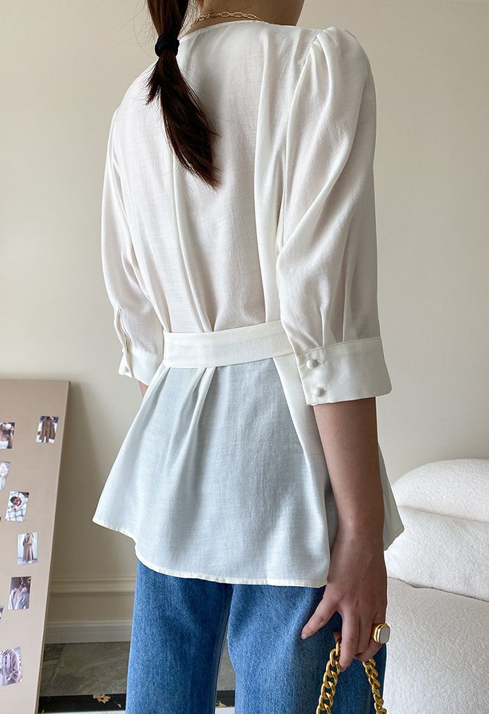 Elbow Sleeve Bowknot Waist Shirt in White