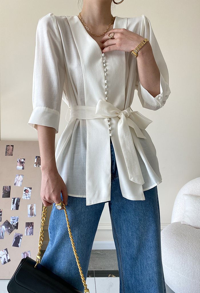 Elbow Sleeve Bowknot Waist Shirt in White