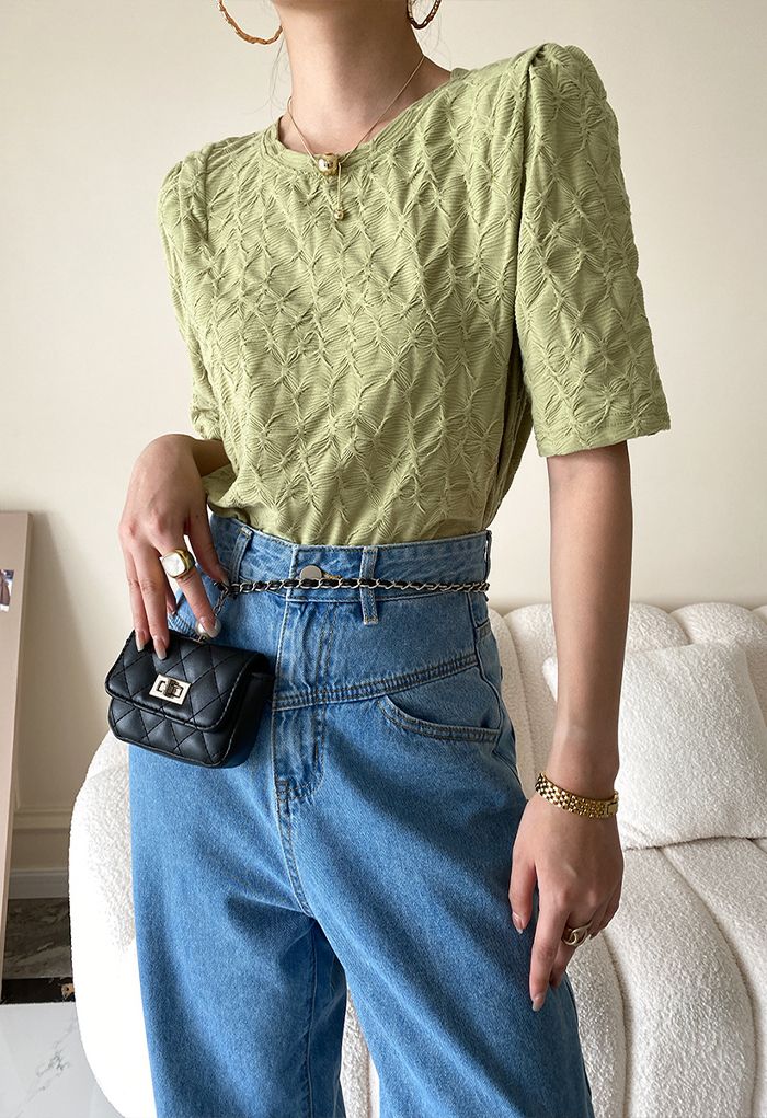 Irregular Texture Puff Shoulder Top in Green