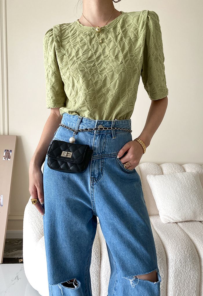 Irregular Texture Puff Shoulder Top in Green