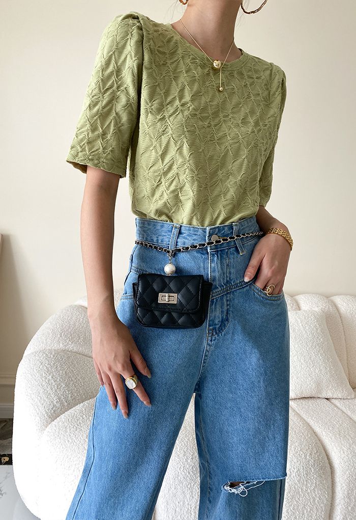 Irregular Texture Puff Shoulder Top in Green