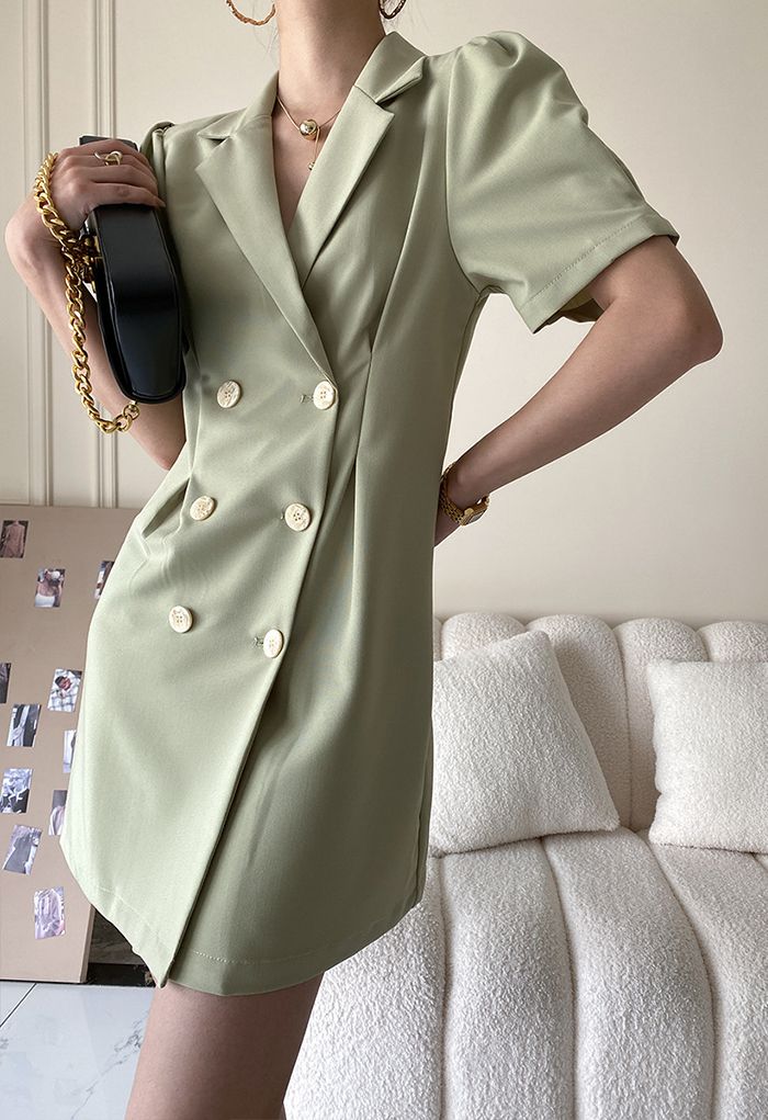 Notch Lapel Double-Breasted Blazer Dress in Pea Green