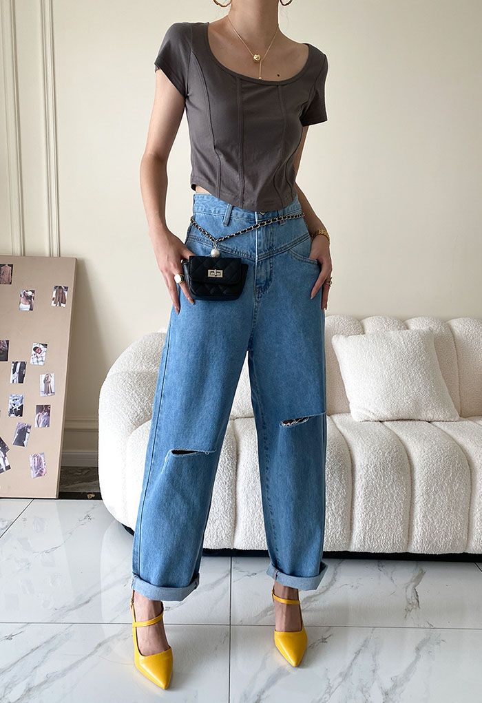 Square Neck Crop T-Shirt in Smoke