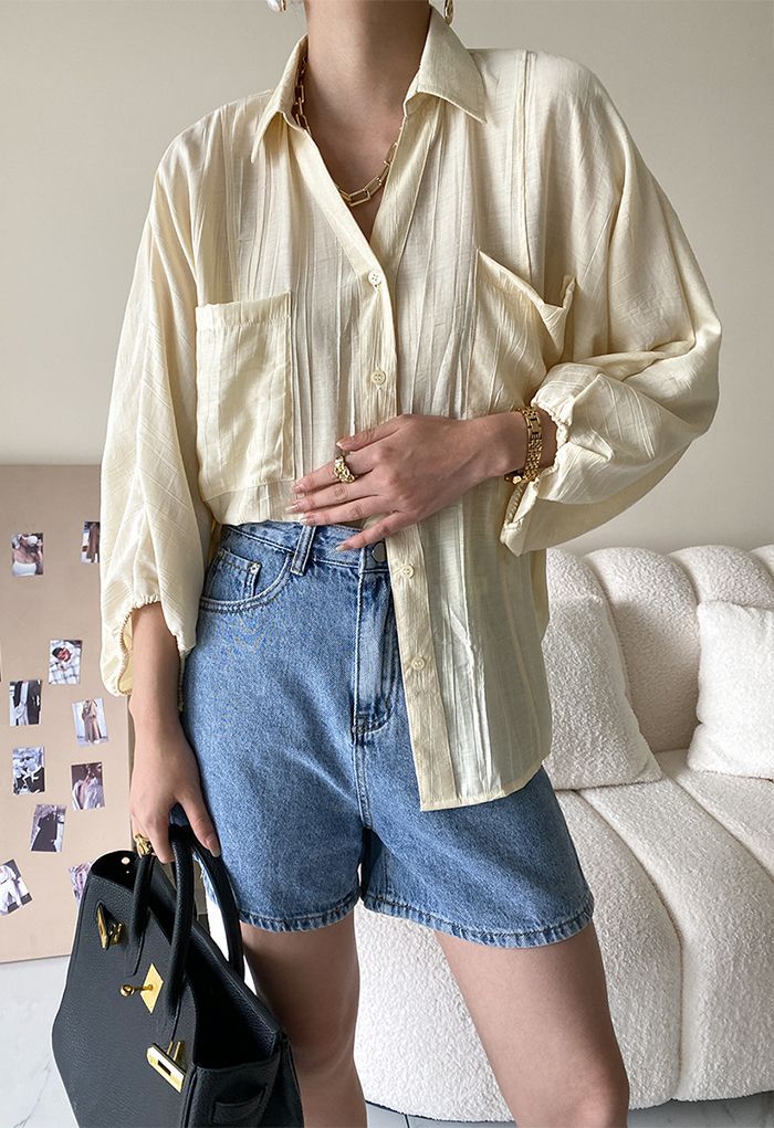 Button Down Bubble Sleeve Shirt in Cream