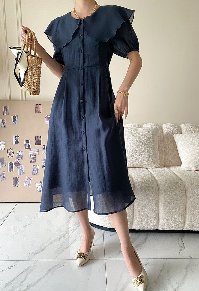 Breezy Ruffle Collar Buttoned Dress in Navy