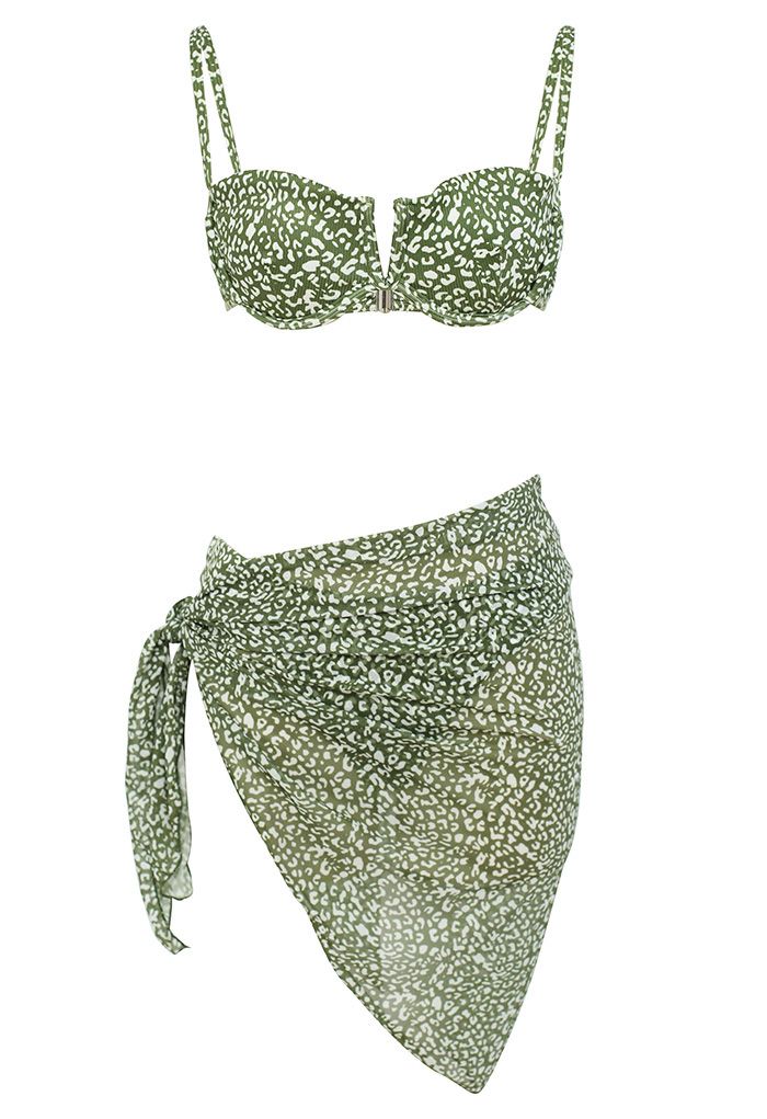 Leopard Print Bikini Set with Sarong in Moss Green