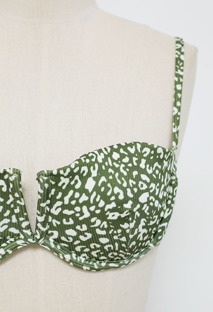 Leopard Print Bikini Set with Sarong in Moss Green