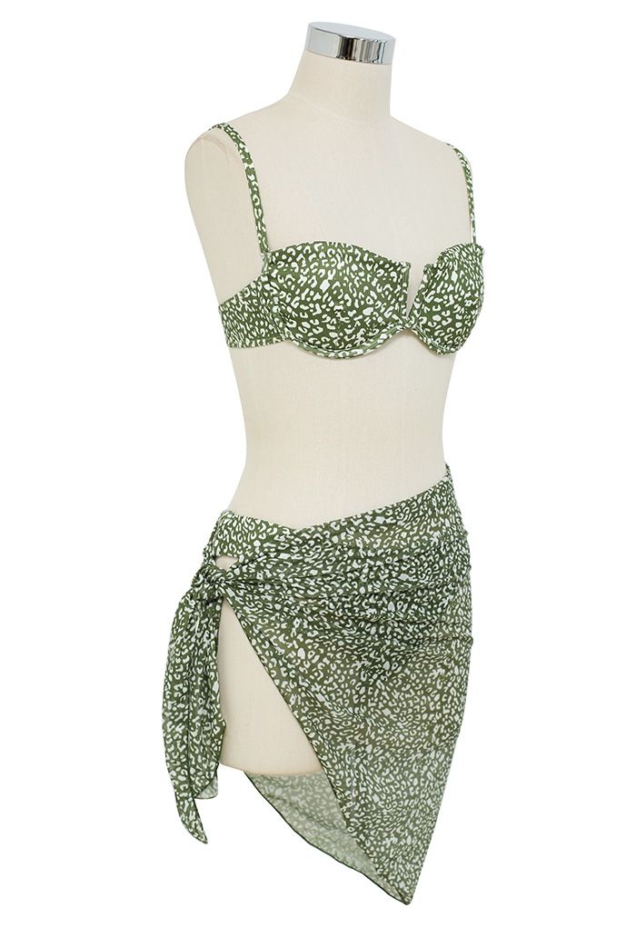 Leopard Print Bikini Set with Sarong in Moss Green