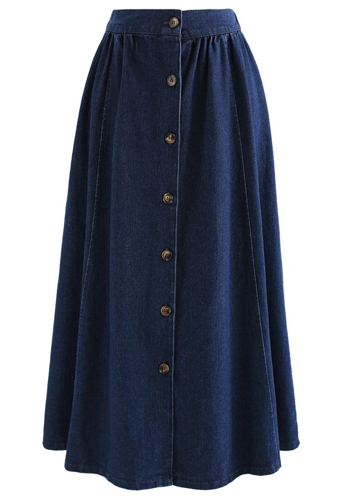 Button Down A-Line Denim Skirt in Dark Blue