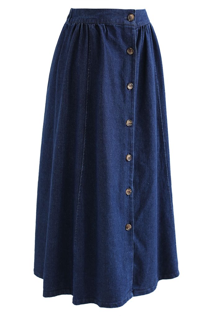 Button Down A-Line Denim Skirt in Dark Blue