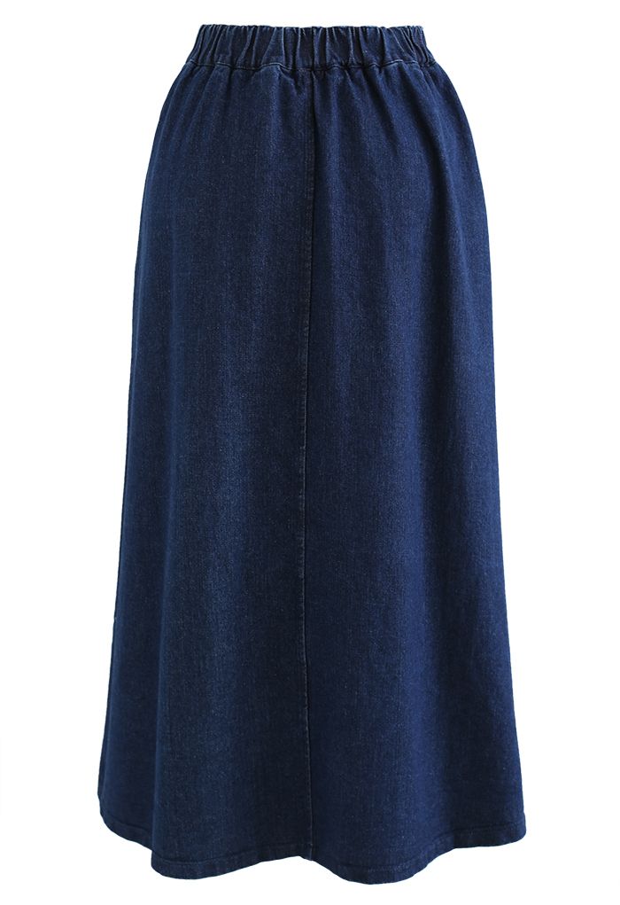 Button Down A-Line Denim Skirt in Dark Blue