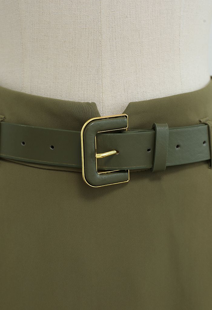 Front Pockets Belted Midi Skirt in Army Green