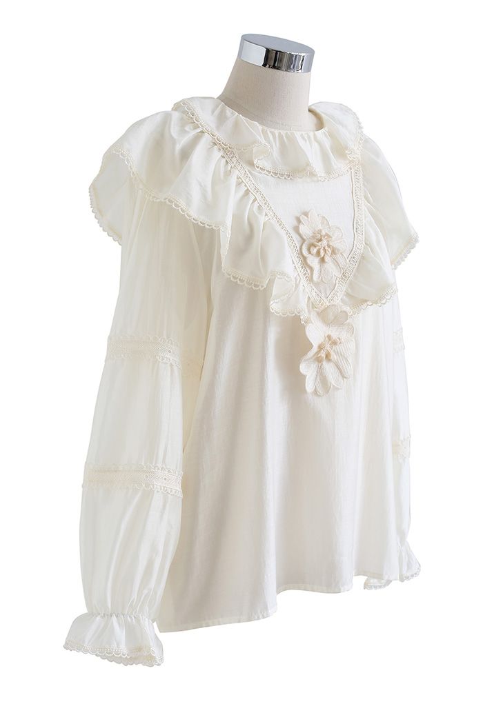 Tiered Doll Collar Floral Embroidered Shirt in Cream