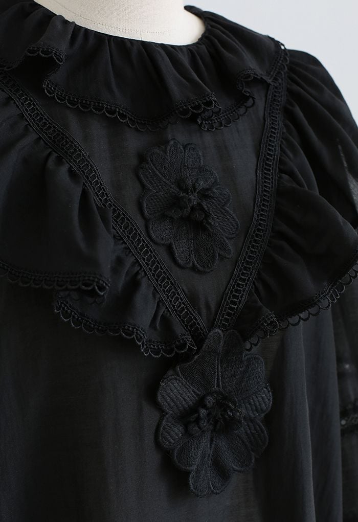 Tiered Doll Collar Floral Embroidered Shirt in Black