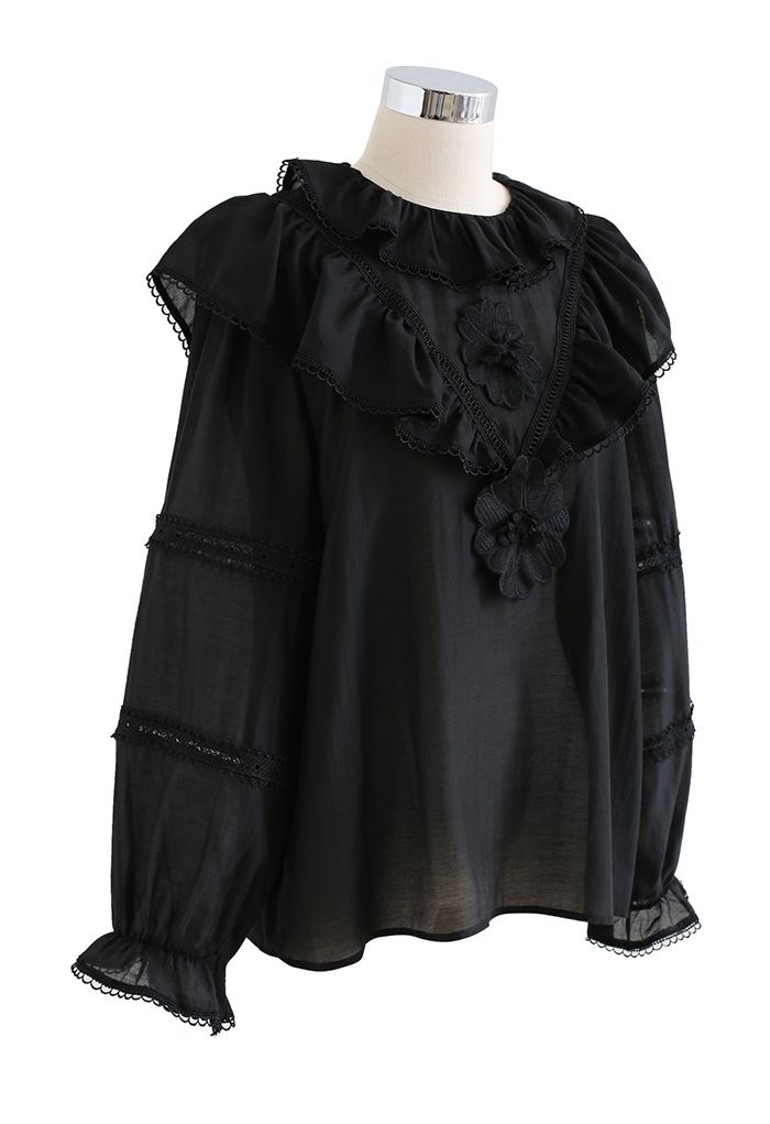 Tiered Doll Collar Floral Embroidered Shirt in Black