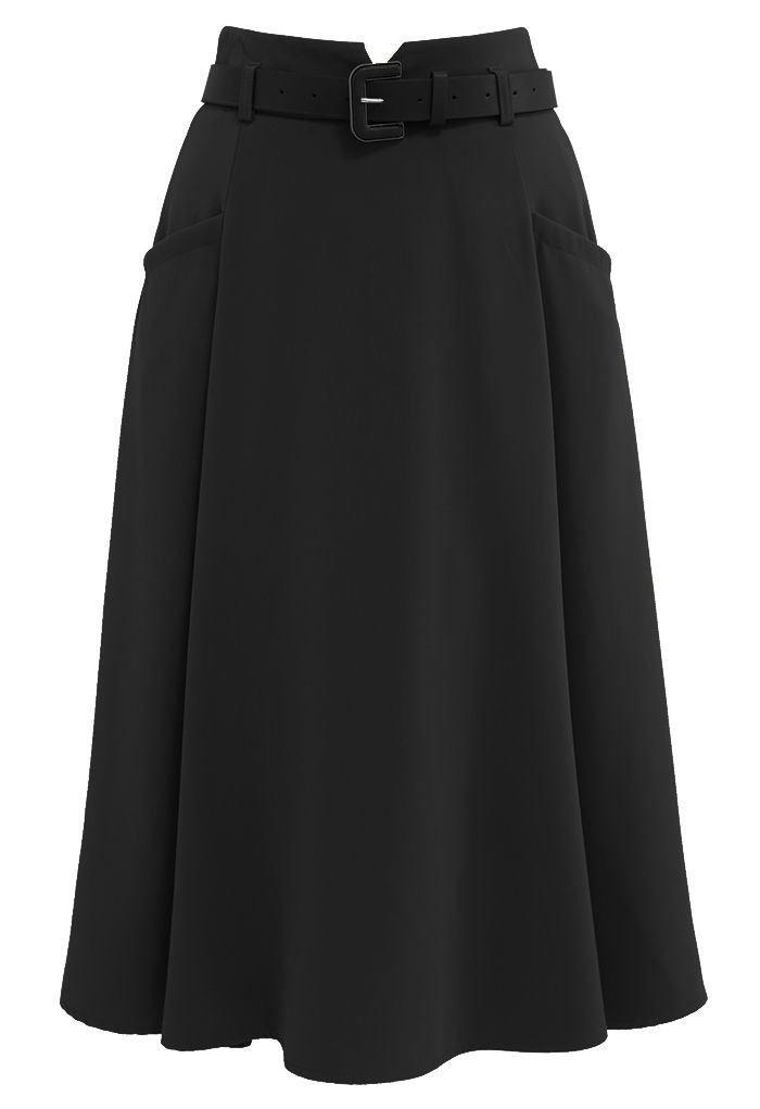 Front Pockets Belted Midi Skirt in Black