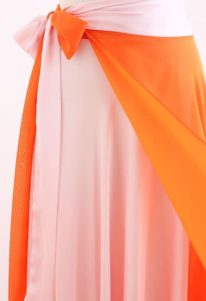 Tie-Waist Spliced Wrap Maxi Skirt in Orange