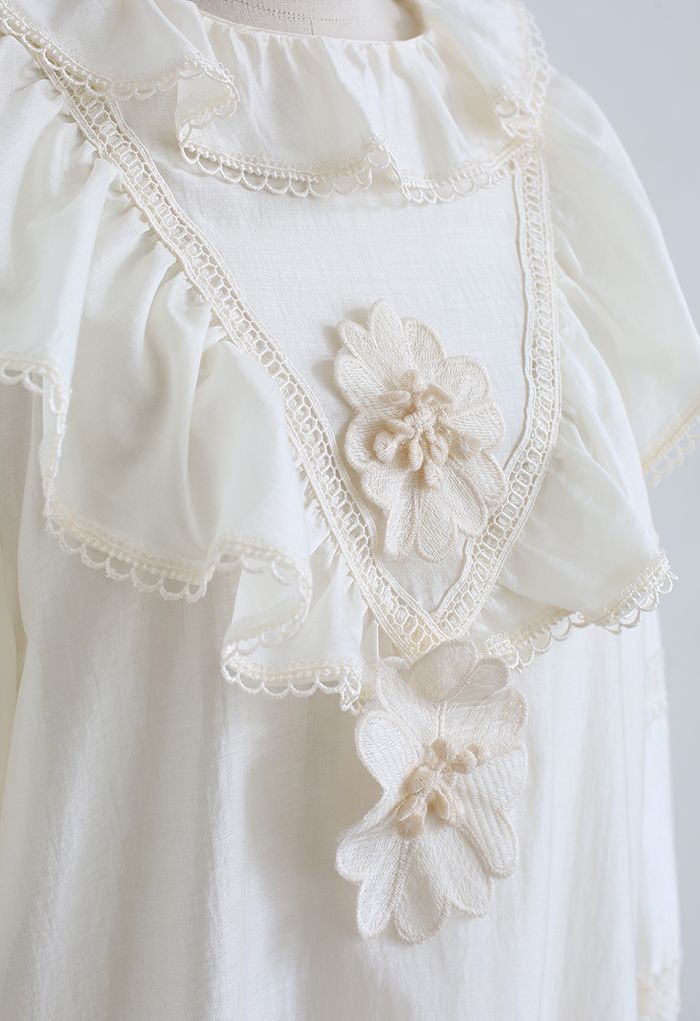 Tiered Doll Collar Floral Embroidered Shirt in Cream