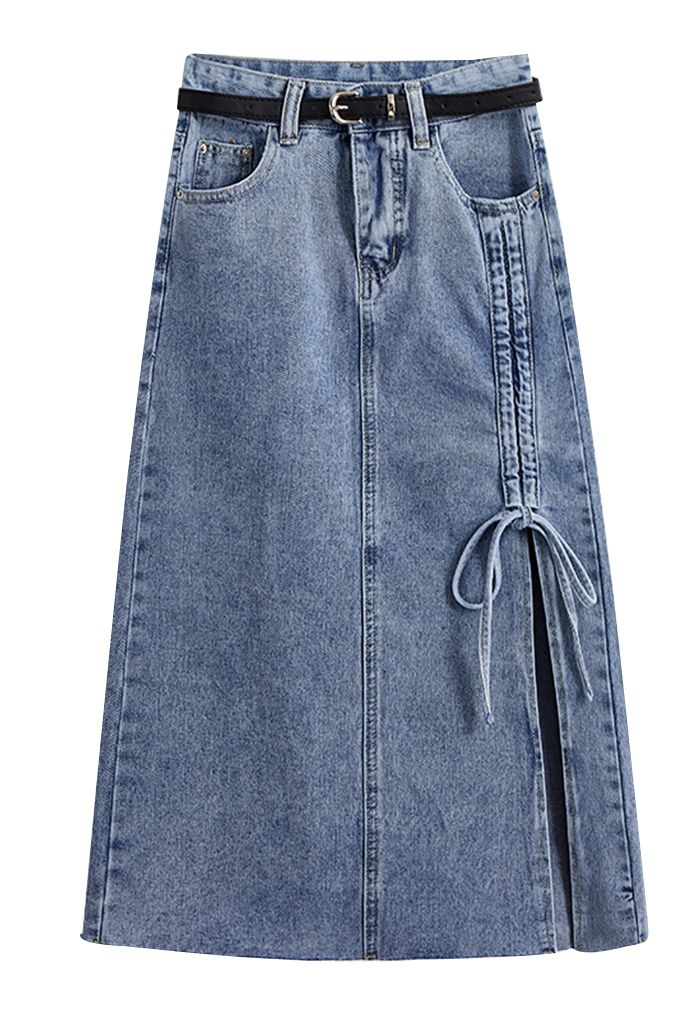 Drawstring Slit Side Denim Skirt